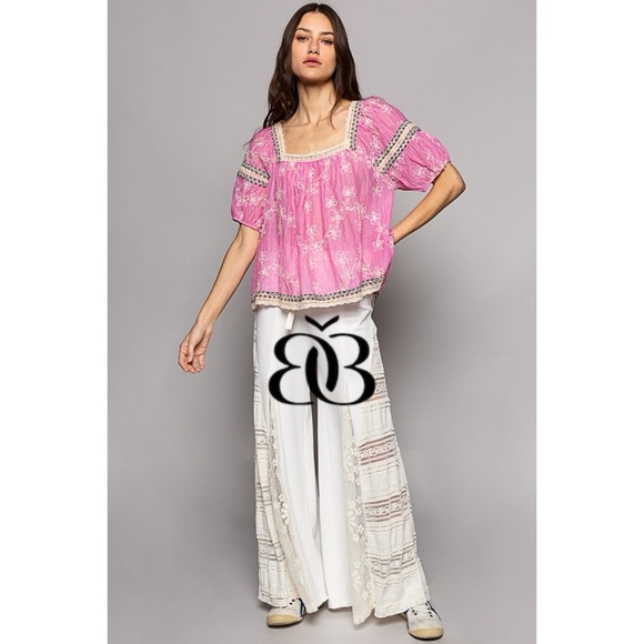 POL Pink Floral Embroidered Square Neck Chiffon Top Oversized - Picture 8 of 10